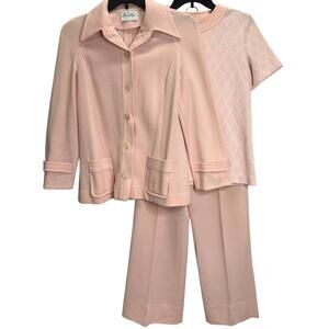 Vintage Butte Knit 3pc Pants Suit Blush Pink Size M Shirt Blazer Wide Leg 70s